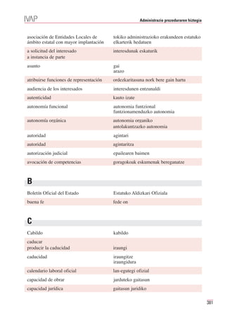 Administrazio prozeduraren hiztegia


asociación de Entidades Locales de       tokiko administrazioko erakundeen estatuko
ámbito estatal con mayor implantación    elkarterik hedatuen
a solicitud del interesado               interesdunak eskaturik
a instancia de parte
asunto                                   gai
                                         arazo
atribuirse funciones de representación   ordezkaritasuna nork bere gain hartu
audiencia de los interesados             interesdunen entzunaldi
autenticidad                             kauto izate
autonomía funcional                      autonomia funtzional
                                         funtzionamenduzko autonomia
autonomía orgánica                       autonomia organiko
                                         antolakuntzazko autonomia
autoridad                                agintari
autoridad                                agintaritza
autorización judicial                    epailearen baimen
avocación de competencias                goragokoak eskumenak bereganatze



B
Boletín Oficial del Estado               Estatuko Aldizkari Ofiziala
buena fe                                 fede on



C
Cabildo                                  kabildo
caducar
producir la caducidad                    iraungi
caducidad                                iraungitze
                                         iraungidura
calendario laboral oficial               lan-egutegi ofizial
capacidad de obrar                       jarduteko gaitasun
capacidad jurídica                       gaitasun juridiko

                                                                                             381
 