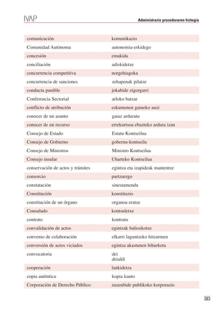 Administrazio prozeduraren hiztegia



comunicación                       komunikazio
Comunidad Autónoma                 autonomia-erkidego
concesión                          emakida
conciliación                       adiskidetze
concurrencia competitiva           norgehiagoka
concurrencia de sanciones          zehapenak pilatze
conducta punible                   jokabide zigorgarri
Conferencia Sectorial              arloko batzar
conflicto de atribución            eskumenen gaineko auzi
conocer de un asunto               gaiaz arduratu
conocer de un recurso              errekurtsoa ebazteko ardura izan
Consejo de Estado                  Estatu Kontseilua
Consejo de Gobierno                gobernu-kontseilu
Consejo de Ministros               Ministro Kontseilua
Consejo insular                    Uharteko Kontseilua
conservación de actos y trámites   egintza eta izapideak mantentze
consorcio                          partzuergo
constatación                       sinestamendu
Constitución                       konstituzio
constitución de un órgano          organoa eratze
Consulado                          kontsuletxe
contrato                           kontratu
convalidación de actos             egintzak baliozkotze
convenio de colaboración           elkarri laguntzeko hitzarmen
conversión de actos viciados       egintza akastunen bihurketa
convocatoria                       dei
                                   deialdi
cooperación                        lankidetza
copia auténtica                    kopia kauto
Corporación de Derecho Público     zuzenbide publikoko korporazio

                                                                                         383
 