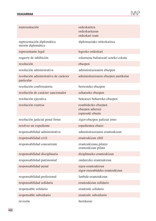 OSAGARRIAK



       representación                          ordezkaritza
                                               ordezkaritasun
                                               ordezkari izate
       representación diplomática              diplomaziako ordezkaritza
       misión diplomática
       representante legal                     legezko ordezkari
       requerir de inhibición                  eskumena baliatzeari uzteko eskatu
       resolución                              ebazpen
       resolución administrativa               administrazioaren ebazpen
       resolución administrativa de carácter   administrazioaren ebazpen partikular
       particular
       resolución confirmatoria                berresteko ebazpen
       resolución de carácter sancionador      zehatzeko ebazpen
       resolución ejecutiva                    betearazi beharreko ebazpen
       resolución expresa                      esanbidezko ebazpen
                                               ebazpen adierazi
                                               espresuki ebazte
       resolución judicial penal firme         zigor-ebazpen judizial irmo
       resolver un expediente                  espedientea ebatzi
       responsabilidad administrativa          administrazioaren erantzukizun
       responsabilidad civil                   erantzukizun zibil
       responsabilidad concurrente             erantzukizuna pilatze
                                               erantzukizun pilatu
       responsabilidad disciplinaria           diziplinazko erantzukizun
       responsabilidad patrimonial             ondarezko erantzukizun
       responsabilidad penal                   zigor-erantzukizun
                                               zigor-zuzenbideko erantzukizun
       responsabilidad profesional             lanbide-erantzukizun
       responsabilidad solidaria               erantzukizun solidario
       responsable solidario                   erantzule solidario
       responsable subsidiario                 erantzule subsidiario
       revisión                                berrikuste

400
 