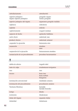 OSAGARRIAK



       subsidiariamente                    subsidiarioki
       superior jerárquico                 goragoko organo
       órgano superior jerárquico          mailaz goragoko
       superior jerárquico del órgano      organoaren goragoko mailako
       suplencia                           ordezkotza
       suplente                            ordezko
       supletoriamente                     osagarri moduan
       supuesto de hecho                   egitatezko baldintza
       surtir efecto                       ondorioak izan
       producir efectos                    ondorioak sortarazi
       suspender la ejecución              betearaztea eten
       suspensión                          etendura
                                           etete
       suspensión de la ejecución          betearaztearen etendura
       sustanciación de un procedimiento   prozedura hezurmamitze


       T
       tablón de edictos                   iragarki-ohol
       tanto de culpa                      erruduntasun-testigantza
       tasa                                tasa
       tercero                             beste inor
                                           beste norbait
                                           hirugarren
       terminación convencional            itundutako amaiera
       terminación del procedimiento       prozeduraren amaiera
       Territorio Histórico                herrialde
                                           lurralde historiko
       testigo                             lekuko
       testimonio                          lekukotasun
       titular del órgano                  organoko titular
       titularidad                         titulartasun

402
 