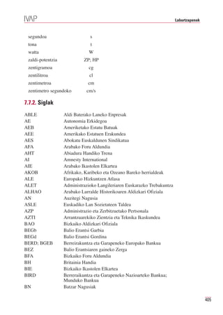Laburtzapenak


 segundoa                      s
 tona                          t
 watta                        W
 zaldi-potentzia            ZP; HP
 zentigramoa                  cg
 zentilitroa                   cl
 zentimetroa                  cm
 zentimetro segundoko        cm/s

7.7.2. Siglak
ABLE               Aldi Baterako Laneko Enpresak
AE                 Autonomia Erkidegoa
AEB                Ameriketako Estatu Batuak
AEE                Amerikako Estatuen Erakundea
AES                Abokatu Euskaldunen Sindikatua
AFA                Arabako Foru Aldundia
AHT                Abiadura Handiko Trena
AI                 Amnesty International
AIE                Arabako Ikastolen Elkartea
AKOB               Afrikako, Karibeko eta Ozeano Bareko herrialdeak
ALE                Europako Hizkuntzen Atlasa
ALET               Administrazioko Langileriaren Euskarazko Trebakuntza
ALHAO              Arabako Lurralde Historikoaren Aldizkari Ofiziala
AN                 Auzitegi Nagusia
ASLE               Euskadiko Lan Sozietateen Taldea
AZP                Administrazio eta Zerbitzuetako Pertsonala
AZTI               Arrantzuarekiko Zientzia eta Teknika Ikaskundea
BAO                Bizkaiko Aldizkari Ofiziala
BEGb               Balio Erantsi Garbia
BEGd               Balio Erantsi Gordina
BERD; BGEB         Berreirakuntza eta Garapeneko Europako Bankua
BEZ                Balio Erantsiaren gaineko Zerga
BFA                Bizkaiko Foru Aldundia
BH                 Britainia Handia
BIE                Bizkaiko Ikastolen Elkartea
BIRD               Berreraikuntza eta Garapeneko Nazioarteko Bankua;
                   Munduko Bankua
BN                 Batzar Nagusiak

                                                                                          405
 