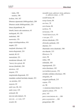 Giltza-hitzak


  - lodia, 198                            ⇓nondik (esan, adierazi, lortu, jakinara-
  - neurria, 196                              zi, aditzera eman…), 178

lexikoa, 164, 167                         nondik kasua, 86
                                          nongo kasua, 86
liburuen aipamenak (bibliografiak), 209
                                          nor bere, 78
liburuen zatiak (bibliografiak), 210
                                          nora kasua, 86
lotura disjuntiboak, 94
                                          norbera, 78
loturik, bereiz edo marratxoz, 63
                                          nortasuna, 178
maileguak, 69, 170
                                          *noski baietz/ezetz, 93
makuluak, 168
                                          o sea que, 173
mantendu, 178                             ofizioa (idazkiak), 279
mapa soziolinguistikoa, 416               ofiziozko jardunak, 424
mapak, 222                                oharrak, 213
marjinak (diseinua), 195                  oharretako orria (idazkiak), 308
marra-diagramak, 218                      oin-oharrak, 215
marrak, 60, 63                            Olentzero, 74
marrazkiak, 221                           omen, 96
menderatu faltsuak, 142                   ordua, 106
*merezi du egiteak, 89                    ordinalak, 105

mezua (idazkiak), 284                     organigramak, 221
                                          orria (diseinua), 195
mientras, 143
                                          ⇓orria(ldea) pasatu, 178
mugatu, 178
                                          orrialde-zenbakia (diseinua), 196
mugimendu-diagramak, 221
                                          ortografia, 49
munduko zenbait herritako datuak, 353
                                          osagarri-grafikoak, 215
-na atzizkia, 103
                                          ospatu, 179
nagusia, 82
                                          ote, 96
nahi izan, 88, 161                        -o amaieran duten hitzak, 71
nahiz (eta), 125                          ⇓papera jokatu, 179
nolanahi, 66                              para, 143
non eta nola irakurri, 36                 para conocimiento de…, 188
non eta… ez -(e)n, 127                    para su posterior…, 188
nonahi, 66                                paragrafoak, 200

                                                                                         435
 