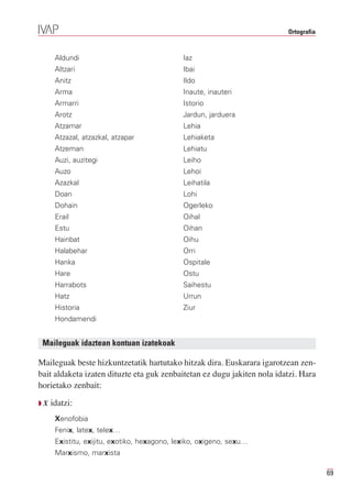 Ortografia


      Aldundi                                Iaz
      Altzari                                Ibai
      Anitz                                  Ildo
      Arma                                   Inaute, inauteri
      Armarri                                Istorio
      Arotz                                  Jardun, jarduera
      Atzamar                                Lehia
      Atzazal, atzazkal, atzapar             Lehiaketa
      Atzeman                                Lehiatu
      Auzi, auzitegi                         Leiho
      Auzo                                   Lehoi
      Azazkal                                Leihatila
      Doan                                   Lohi
      Dohain                                 Ogerleko
      Erail                                  Oihal
      Estu                                   Oihan
      Hainbat                                Oihu
      Halabehar                              Orri
      Hanka                                  Ospitale
      Hare                                   Ostu
      Harrabots                              Saihestu
      Hatz                                   Urrun
      Historia                               Ziur
      Hondamendi


 Maileguak idaztean kontuan izatekoak

Maileguak beste hizkuntzetatik hartutako hitzak dira. Euskarara igarotzean zen-
bait aldaketa izaten dituzte eta guk zenbaitetan ez dugu jakiten nola idatzi. Hara
horietako zenbait:

QX   idatzi:
      Xenofobia
      Fenix, latex, telex…
      Existitu, exijitu, exotiko, hexagono, lexiko, oxigeno, sexu…
      Marxismo, marxista

                                                                                      69
 