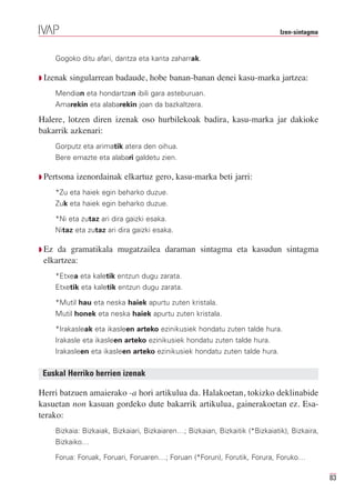 Izen-sintagma


       Gogoko ditu afari, dantza eta kanta zaharrak.

Q Izenak   singularrean badaude, hobe banan-banan denei kasu-marka jartzea:
       Mendian eta hondartzan ibili gara asteburuan.
       Amarekin eta alabarekin joan da bazkaltzera.

Halere, lotzen diren izenak oso hurbilekoak badira, kasu-marka jar dakioke
bakarrik azkenari:
       Gorputz eta arimatik atera den oihua.
       Bere emazte eta alabari galdetu zien.

Q Pertsona   izenordainak elkartuz gero, kasu-marka beti jarri:
       *Zu eta haiek egin beharko duzue.
       Zuk eta haiek egin beharko duzue.

       *Ni eta zutaz ari dira gaizki esaka.
       Nitaz eta zutaz ari dira gaizki esaka.

Q Ez da gramatikala mugatzailea daraman sintagma eta kasudun sintagma
 elkartzea:
       *Etxea eta kaletik entzun dugu zarata.
       Etxetik eta kaletik entzun dugu zarata.

       *Mutil hau eta neska haiek apurtu zuten kristala.
       Mutil honek eta neska haiek apurtu zuten kristala.

       *Irakasleak eta ikasleen arteko ezinikusiek hondatu zuten talde hura.
       Irakasle eta ikasleen arteko ezinikusiek hondatu zuten talde hura.
       Irakasleen eta ikasleen arteko ezinikusiek hondatu zuten talde hura.


 Euskal Herriko herrien izenak

Herri batzuen amaierako -a hori artikulua da. Halakoetan, tokizko deklinabide
kasuetan non kasuan gordeko dute bakarrik artikulua, gainerakoetan ez. Esa-
terako:
       Bizkaia: Bizkaiak, Bizkaiari, Bizkaiaren…; Bizkaian, Bizkaitik (*Bizkaiatik), Bizkaira,
       Bizkaiko…

       Forua: Foruak, Foruari, Foruaren…; Foruan (*Forun), Forutik, Forura, Foruko…

                                                                                                 83
 
