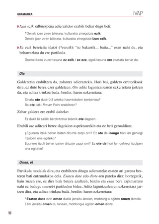 GRAMATIKA



     Q Izan   ezik salbuespena adierazteko erabili behar dugu beti:
            *Denak joan ziren bilerara, kulturako zinegotzia ezik.
            Denak joan ziren bilerara, kulturako zinegotzia izan ezik.

     Q Ezezik bereizita idatzi (*ezezik): “ez bakarrik... baita...” esan nahi du, eta
      beharrezkoa du ere partikula.
            Gramatikako zuzentasuna ez ezik / ez eze, egokitasuna ere ziurtatu behar da.



      Ote

     Galderetan erabiltzen da, zalantza adierazteko. Hori bai, galdera erretorikoak
     dira, ez dute berez ezer galdetzen. Ote aditz laguntzailearen ezkerretara jartzen
     da, eta aditza trinkoa bada, berdin: haren ezkerretara:
            Sinatu ote dute 0-3 urteko haur-eskolen konbenioa?
            Ba ote daki Power Point erabiltzen?

     Zehar galdera ere erabil daiteke:
            Ez dakit bi sailak berdintzeko biderik ote dagoen.

     Erabili ote aditzari berez dagokion aspektuarekin eta ez beti geroaldian:
            ⇓Egunero itzuli behar izaten dituzte zazpi orri? Ez ote da izango hori lan gehiegi
            itzulpen ona egiteko?
            Egunero itzuli behar izaten dituzte zazpi orri? Ez ote da hori lan gehiegi itzulpen
            ona egiteko?



      Omen, ei

     Partikula modalak dira, eta erabiltzen ditugu adierazteko esaten ari garena bes-
     teren bati entzundakoa dela. Esaten dute edo diote-ren pareko dira; horregatik,
     hain zuzen ere, ez dira biak batera azaltzen, baldin eta esan bera azpimarratu
     nahi ez badugu omen/ei partikulen bidez. Aditz laguntzailearen ezkerretara jar-
     tzen dira, eta aditza trinkoa bada, berdin: haren ezkerretara:
            *Esaten dute ezin omen duela jarraitu lanean, mobbing-a egiten omen diotela.
            Ezin jarraitu omen du lanean, mobbing-a egiten omen diote.

96
 