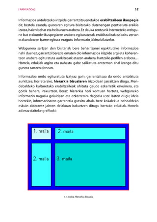 [ NABIGAZIOA ]                                                                17


Informazioa antolatzeko irizpide garrantzitsuenetakoa erabiltzaileen ikuspegia
da; bestela esanda, gunearen egitura bisitatuko dutenengan pentsatuta eraikia
izatea, haien behar eta helburuen arabera. Ez dauka zentzurik Interneteko webgu-
ne bat erakunde-ikuspegiaren arabera egituratzeak, erabiltzaileak ez baitu zertan
erakundearen barne egitura ezagutu informazio jakina bilatzeko.

Webgunera sartzen den bisitariak bere beharrizanei egokitutako informazioa
nahi duenez, garrantzi berezia ematen dio informazioa irizpide argi eta koheren-
teen arabera egituratuta aurkitzeari: atazen arabera, hartzaile-perfilen arabera…
Horrela, edukiak argiro eta nahastu gabe sailkatuta antzeman ahal izango ditu
gunera sartzen denean.

Informazioa ondo egituratuta izateaz gain, garrantzitsua da ondo antolatuta
aurkitzea; horretarako, hierarkia bisualaren irizpideari jarraitzen diogu. Men-
debaldeko kulturetako erabiltzaileok ohituta gaude ezkerretik eskuinera, eta
goitik behera, irakurtzen. Beraz, hierarkia hori kontuan hartuta, webguneko
informazio nagusia goialdean eta ezkerretara dagoela uste izaten dugu; ideia
horrekin, informazioaren garrantzia gutxitu ahala bere kokalekua behealdeko
eskuin alderantz jaisten delakoan irakurtzen ditugu bertako edukiak. Honela
adieraz daiteke grafikoki:




                              1.1. irudia. Hierarkia bisuala.



                                       Aurkibidea
 