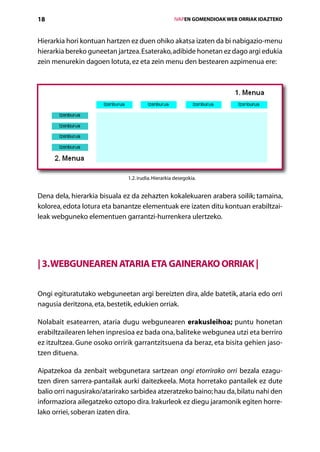 18                                                  IVAPEN GOMENDIOAK WEB ORRIAK IDAZTEKO



Hierarkia hori kontuan hartzen ez duen ohiko akatsa izaten da bi nabigazio-menu
hierarkia bereko guneetan jartzea. Esaterako, adibide honetan ez dago argi edukia
zein menurekin dagoen lotuta, ez eta zein menu den bestearen azpimenua ere:




                              1.2. irudia. Hierarkia desegokia.


Dena dela, hierarkia bisuala ez da zehazten kokalekuaren arabera soilik; tamaina,
kolorea, edota lotura eta banantze elementuak ere izaten ditu kontuan erabiltzai-
leak webguneko elementuen garrantzi-hurrenkera ulertzeko.




| 3. Webgunearen ataria eta gainerako orriak |

Ongi egituratutako webguneetan argi bereizten dira, alde batetik, ataria edo orri
nagusia deritzona, eta, bestetik, edukien orriak.

Nolabait esatearren, ataria dugu webgunearen erakusleihoa; puntu honetan
erabiltzailearen lehen inpresioa ez bada ona, baliteke webgunea utzi eta berriro
ez itzultzea. Gune osoko orririk garrantzitsuena da beraz, eta bisita gehien jaso­
tzen dituena.

Aipatzekoa da zenbait webgunetara sartzean ongi etorrirako orri bezala ezagu­
tzen diren sarrera-pantailak aurki daitezkeela. Mota horretako pantailek ez dute
balio orri nagusirako/atarirako sarbidea atzeratzeko baino; hau da, bilatu nahi den
informaziora ailegatzeko oztopo dira. Irakurleok ez diegu jaramonik egiten horre-
lako orriei, soberan izaten dira.
                                       Aurkibidea
 