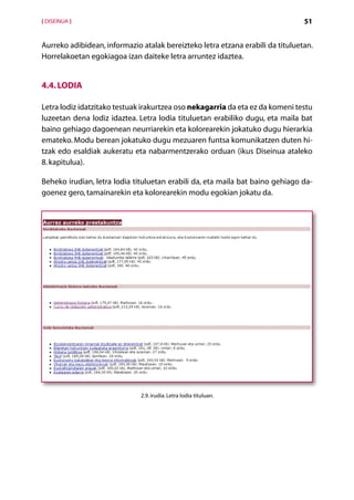 [ DISEINUA ]                                                                    51


Aurreko adibidean, informazio atalak bereizteko letra etzana erabili da tituluetan.
Horrelakoetan egokiagoa izan daiteke letra arruntez idaztea.


4.4. Lodia

Letra lodiz idatzitako testuak irakurtzea oso nekagarria da eta ez da komeni testu
luzeetan dena lodiz idaztea. Letra lodia tituluetan erabiliko dugu, eta maila bat
baino gehiago dagoenean neurriarekin eta kolorearekin jokatuko dugu hierarkia
emateko. Modu berean jokatuko dugu mezuaren funtsa komunikatzen duten hi­
tzak edo esaldiak aukeratu eta nabarmentzerako orduan (ikus Diseinua ataleko­
8. kapitulua).

Beheko irudian, letra lodia tituluetan erabili da, eta maila bat baino gehiago da-
goenez gero, tamainarekin eta kolorearekin modu egokian jokatu da.




                              2.9. irudia. Letra lodia tituluan.




                                        Aurkibidea
 