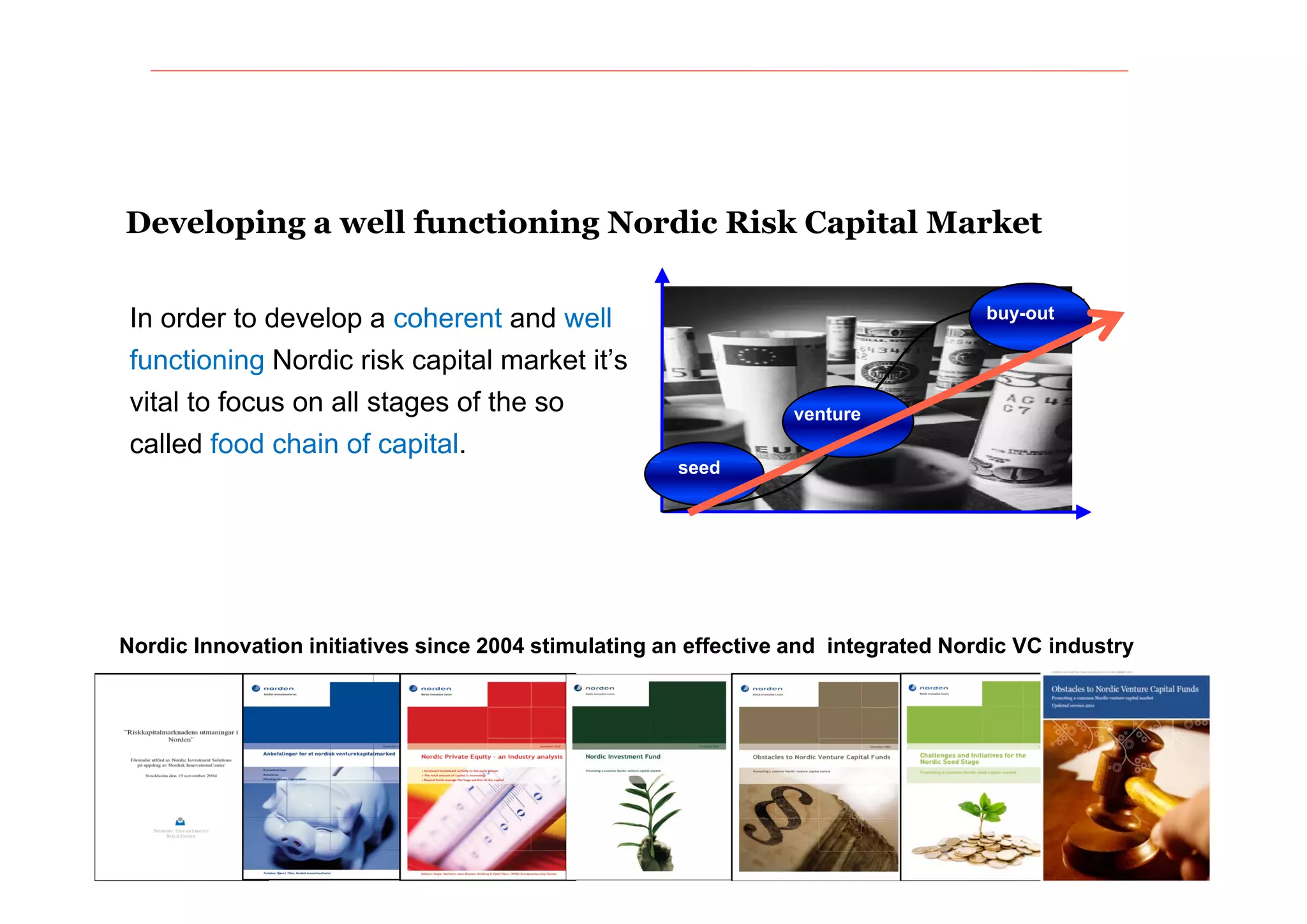 Developing a well functioning Nordic Risk Capital Market


 In order to develop a coherent and well                                            buy-out

 functioning Nordic risk capital market it’s
                                        it s
 vital to focus on all stages of the so                          venture
 called food chain of capital.
                                                      seed
                                                         d




Nordic Innovation initiatives since 2004 stimulating an effective and integrated Nordic VC industry
 