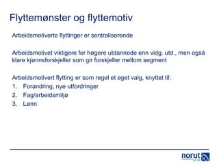 Flyttemønster og flyttemotiv
Arbeidsmotiverte flyttinger er sentraliserende
Arbeidsmotivet viktigere for høgere utdannede enn vidg. utd., men også
klare kjønnsforskjeller som gir forskjeller mellom segment
Arbeidsmotivert flytting er som regel et eget valg, knyttet til:
1. Forandring, nye utfordringer
2. Fag/arbeidsmiljø
3. Lønn

 