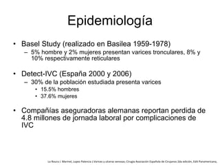 Epidemiología Basel Study (realizado en Basilea 1959-1978) 5% hombre y 2% mujeres presentan varices tronculares, 8% y 10% respectivamente reticulares Detect-IVC (España 2000 y 2006) 30% de la población estudiada presenta varices 15.5% hombres 37.6% mujeres Compañías aseguradoras alemanas reportan perdida de 4.8 millones de jornada laboral por complicaciones de IVC Lo Roura J. Marinel, Lopez Palencia J.Varices y ulceras venosas; Cirugía Asociación Española de Cirujanos 2da edición, Edit Panamericana,  
