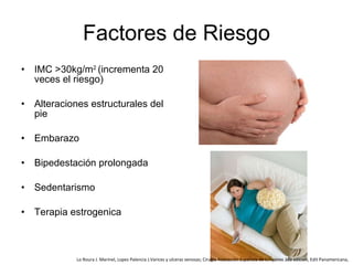 Factores de Riesgo IMC >30kg/m 2  (incrementa 20 veces el riesgo) Alteraciones estructurales del pie Embarazo Bipedestación prolongada Sedentarismo Terapia estrogenica Lo Roura J. Marinel, Lopez Palencia J.Varices y ulceras venosas; Cirugía Asociación Española de Cirujanos 2da edición, Edit Panamericana,  