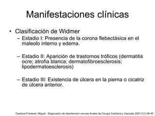 Manifestaciones clínicas Clasificación de Widmer Estadio I: Presencia de la corona flebectásica en el maleolo interno y edema. Estadio II: Aparición de trastornos tróficos (dermatitis ocre; atrofia blanca; dermatofibroesclerosis; lipodermatoesclerosis) Estadio III: Existencia de úlcera en la pierna o cicatriz de úlcera anterior. Cardona Fontanet, Miguel,  Diagnostico de hipertension venosa  Anales de Cirugía Cardíaca y Vascular 2001;7(1):36-45 