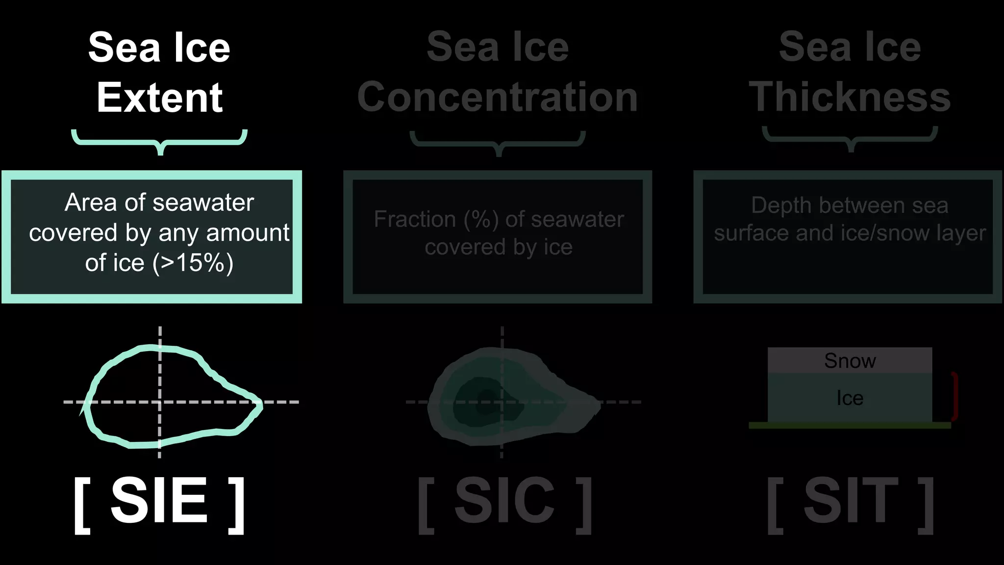 [ SIT ]
Sea Ice
Thickness
Depth between sea
surface and ice/snow layer
[ SIC ]
Sea Ice
Concentration
Fraction (%) of seawater
covered by ice
Snow
Ice
[ SIE ]
Sea Ice
Extent
Area of seawater
covered by any amount
of ice (>15%)
 