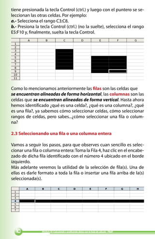 tiene presionada la tecla Control (ctrl.) y luego con el puntero se se-
leccionan las otras celdas. Por ejemplo:
a.- Selecciona el rango C3:C8.
b.- Presiona la tecla Control (ctrl.) (no la suelte), selecciona el rango
E5:F10 y, finalmente, suelta la tecla Control.




Como lo mencionamos anteriormente las filas son las celdas que
se encuentran alineadas de forma horizontal, las columnas son las
celdas que se encuentran alineadas de forma vertical. Hasta ahora
hemos identificado ¿qué es una celda?, ¿qué es una columna?, ¿qué
es una fila?, ya sabemos cómo seleccionar celdas, cómo seleccionar
rangos de celdas, pero sabes...¿cómo seleccionar una fila o colum-
na?

2.3 Seleccionando una fila o una columna entera

Vamos a seguir los pasos, para que observes cuan sencillo es selec-
cionar una fila o columna entera: Toma la Fila 4, haz clic en el encabe-
zado de dicha fila identificado con el número 4 ubicado en el borde
izquierdo.
Más adelante veremos la utilidad de la selección de fila(s). Una de
ellas es darle formato a toda la fila o insertar una fila arriba de la(s)
seleccionada(s).




  0            Módulo IV: Calculando y graficando datos con la hoja de cálculo - PNAT
 