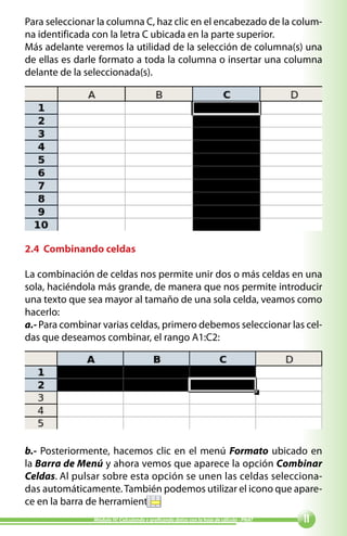 Para seleccionar la columna C, haz clic en el encabezado de la colum-
na identificada con la letra C ubicada en la parte superior.
Más adelante veremos la utilidad de la selección de columna(s) una
de ellas es darle formato a toda la columna o insertar una columna
delante de la seleccionada(s).




2.4 Combinando celdas

La combinación de celdas nos permite unir dos o más celdas en una
sola, haciéndola más grande, de manera que nos permite introducir
una texto que sea mayor al tamaño de una sola celda, veamos como
hacerlo:
a.- Para combinar varias celdas, primero debemos seleccionar las cel-
das que deseamos combinar, el rango A1:C2:




b.- Posteriormente, hacemos clic en el menú Formato ubicado en
la Barra de Menú y ahora vemos que aparece la opción Combinar
Celdas. Al pulsar sobre esta opción se unen las celdas selecciona-
das automáticamente. También podemos utilizar el icono que apare-
ce en la barra de herramientas
                Módulo IV: Calculando y graficando datos con la hoja de cálculo - PNAT   
 
