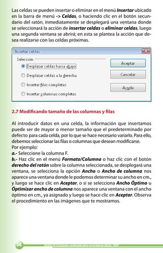 Las celdas se pueden insertar o eliminar en el menú Insertar ubicado
en la barra de menú - Celdas, o haciendo clic en el botón secun-
dario del ratón, inmediatamente se desplegará una ventana donde
se seleccionará la acción de insertar celdas o eliminar celdas, luego
una segunda ventana se abrirá; en esta se plantea la acción que de-
sea realizarse con las celdas próximas.




2.7 Modificando tamaño de las columnas y filas

Al introducir datos en una celda, la información que insertamos
puede ser de mayor o menor tamaño que el predeterminado por
defecto para cada celda, por lo que se hace necesario variarlo. Para ello,
debemos seleccionar las filas o columnas que desean modificarse.
Por ejemplo:
a.- Seleccione la columna F.
b.- Haz clic en el menú Formato/Columna o haz clic con el botón
derecho del ratón sobre la columna seleccionada, se desplegará una
ventana, se selecciona la opción Ancho o Ancho de columna nos
aparece una ventana donde le podemos determinar su ancho en cm.,
y luego se hace clic en Aceptar, o si se selecciona Ancho Óptimo u
Óptimizar ancho de columna nos aparece una ventana con el ancho
óptimo en cm., ya asignado y luego se hace clic en Aceptar. Observa
el procedimiento en las imágenes que te mostramos.




               Módulo IV: Calculando y graficando datos con la hoja de cálculo - PNAT
 