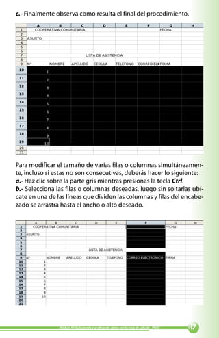 c.- Finalmente observa como resulta el final del procedimiento.




Para modificar el tamaño de varias filas o columnas simultáneamen-
te, incluso si estas no son consecutivas, deberás hacer lo siguiente:
a.- Haz clic sobre la parte gris mientras presionas la tecla Ctrl.
b.- Selecciona las filas o columnas deseadas, luego sin soltarlas ubí-
cate en una de las líneas que dividen las columnas y filas del encabe-
zado se arrastra hasta el ancho o alto deseado.




                Módulo IV: Calculando y graficando datos con la hoja de cálculo - PNAT   
 