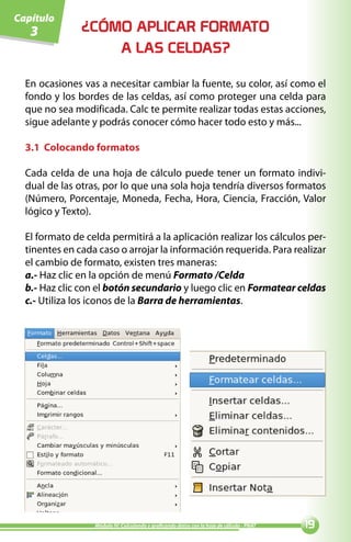 Capítulo
   3           ¿CÓMO APLICAR FORMATO
                   A LAS CELDAS?

  En ocasiones vas a necesitar cambiar la fuente, su color, así como el
  fondo y los bordes de las celdas, así como proteger una celda para
  que no sea modificada. Calc te permite realizar todas estas acciones,
  sigue adelante y podrás conocer cómo hacer todo esto y más...

  3.1 Colocando formatos

  Cada celda de una hoja de cálculo puede tener un formato indivi-
  dual de las otras, por lo que una sola hoja tendría diversos formatos
  (Número, Porcentaje, Moneda, Fecha, Hora, Ciencia, Fracción, Valor
  lógico y Texto).

  El formato de celda permitirá a la aplicación realizar los cálculos per-
  tinentes en cada caso o arrojar la información requerida. Para realizar
  el cambio de formato, existen tres maneras:
  a.- Haz clic en la opción de menú Formato /Celda
  b.- Haz clic con el botón secundario y luego clic en Formatear celdas
  c.- Utiliza los iconos de la Barra de herramientas.




                  Módulo IV: Calculando y graficando datos con la hoja de cálculo - PNAT   
 