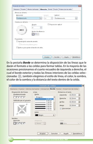 En la pestaña Borde se determina la disposición de las líneas que le
darán el formato a las celdas para formar tablas. En la mayoría de las
ocasiones presionamos el cuarto recuadro de izquierda a derecha, el
cual el borde exterior y todas las líneas interiores de las celdas selec-
cionadas      , también elegimos el estilo de línea, el color, la sombra,
el color de la sombra y la distancia del texto dentro de la celda.




              Módulo IV: Calculando y graficando datos con la hoja de cálculo - PNAT
 