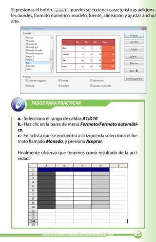 Si presionas el botón         puedes seleccionar características adiciona-
les: bordes, formato numérico, modelo, fuente, alineación y ajustar ancho/
alto.




          PASOS PARA PRACTICAR


   a.- Selecciona el rango de celdas A1:D10
   b.- Haz clic en la barra de menú Formato/Formato automáti-
   co.
   c.- En la lista que se encuentra a la izquierda selecciona el for-
   mato llamado Moneda, y presiona Aceptar.

   Finalmente observa que tenemos como resultado de la acti-
   vidad.




                Módulo IV: Calculando y graficando datos con la hoja de cálculo - PNAT   
 