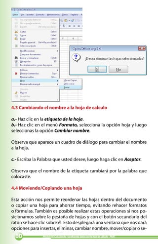 4.3 Cambiando el nombre a la hoja de calculo

a.- Haz clic en la etiqueta de la hoja.
b.- Haz clic en el menú Formato, selecciona la opción hoja y luego
seleccionas la opción Cambiar nombre.

Observa que aparece un cuadro de diálogo para cambiar el nombre
a la hoja.

c.- Escriba la Palabra que usted desee, luego haga clic en Aceptar.

Observa que el nombre de la etiqueta cambiará por la palabra que
colocaste.

4.4 Moviendo/Copiando una hoja

Esta acción nos permite reordenar las hojas dentro del documento
o copiar una hoja para ahorrar tiempo, evitando rehacer formatos
o fórmulas. También es posible realizar estas operaciones si nos po-
sicionamos sobre la pestaña de hojas y con el botón secundario del
ratón se hace clic sobre él. Esto desplegará una ventana que nos dará
opciones para insertar, eliminar, cambiar nombre, mover/copiar o se-
  0            Módulo IV: Calculando y graficando datos con la hoja de cálculo - PNAT
 