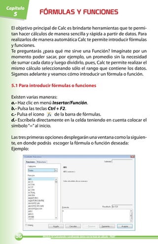Capítulo
   5            FÓRMULAS Y FUNCIONES

  El objetivo principal de Calc es brindarte herramientas que te permi-
  tan hacer cálculos de manera sencilla y rápida a partir de datos. Para
  realizarlos de manera automática Calc te permite introducir fórmulas
  y funciones.
  Te preguntarás ¿para qué me sirve una Función? Imagínate por un
  momento poder sacar, por ejemplo, un promedio sin la necesidad
  de sumar cada dato y luego dividirlo, pues, Calc te permite realizar el
  mismo cálculo seleccionando sólo el rango que contiene los datos.
  Sigamos adelante y veamos cómo introducir un fórmula o función.

  5.1 Para introducir fórmulas o funciones

  Existen varias maneras:
  a.- Haz clic en menú Insertar/Función.
  b.- Pulsa las teclas Ctrl + F2.
  c.- Pulsa el icono      de la barra de fórmulas.
  d.- Escríbela directamente en la celda teniendo en cuenta colocar el
  símbolo “=” al inicio.

  Las tres primeras opciones desplegarán una ventana como la siguien-
  te, en donde podrás escoger la fórmula o función deseada:
  Ejemplo:




                Módulo IV: Calculando y graficando datos con la hoja de cálculo - PNAT
 