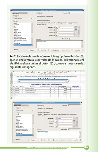 b.- Colócate en la casilla número 1, luego pulse el botón
que se encuentra a la derecha de la casilla, selecciona la cel-
da H14 vuelva a pulsar el botón       , como se muestra en las
siguientes imágenes.




             Módulo IV: Calculando y graficando datos con la hoja de cálculo - PNAT   
 