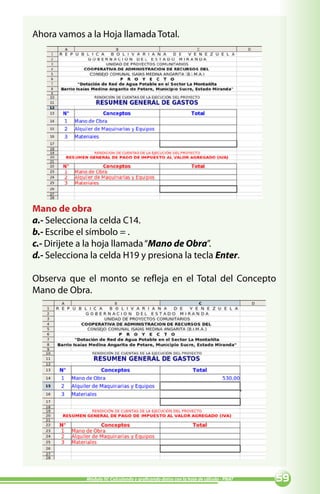 Ahora vamos a la Hoja llamada Total.




Mano de obra
a.- Selecciona la celda C14.
b.- Escribe el símbolo = .
c.- Dirijete a la hoja llamada “Mano de Obra”.
d.- Selecciona la celda H19 y presiona la tecla Enter.

Observa que el monto se refleja en el Total del Concepto
Mano de Obra.




              Módulo IV: Calculando y graficando datos con la hoja de cálculo - PNAT   
 