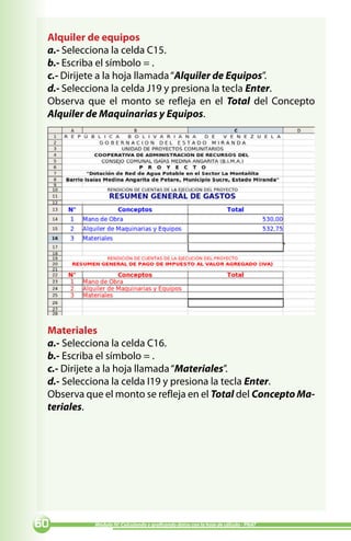 Alquiler de equipos
 a.- Selecciona la celda C15.
 b.- Escriba el símbolo = .
 c.- Dirijete a la hoja llamada “Alquiler de Equipos”.
 d.- Selecciona la celda J19 y presiona la tecla Enter.
 Observa que el monto se refleja en el Total del Concepto
 Alquiler de Maquinarias y Equipos.




 Materiales
 a.- Selecciona la celda C16.
 b.- Escriba el símbolo = .
 c.- Dirijete a la hoja llamada “Materiales”.
 d.- Selecciona la celda I19 y presiona la tecla Enter.
 Observa que el monto se refleja en el Total del Concepto Ma-
 teriales.




0         Módulo IV: Calculando y graficando datos con la hoja de cálculo - PNAT
 