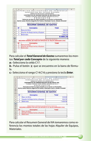 Para calcular el Total General de Gastos sumaremos los mon-
tos Total por cada Concepto de la siguiente manera:
a.- Selecciona la celda C17.
b.- Pulsa el botón que se encuentra en la barra de fórmu-
la.
c.- Selecciona el rango C14:C16 y presiona la tecla Enter.




Para calcular el Resumen General de IVA tomaremos como re-
ferencia los montos totales de las hojas Alquiler de Equipos,
Materiales.

             Módulo IV: Calculando y graficando datos con la hoja de cálculo - PNAT   
 