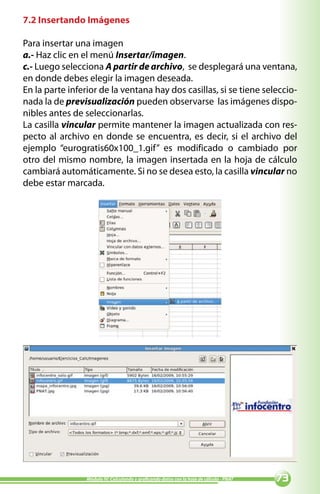 7.2 Insertando Imágenes

Para insertar una imagen
a.- Haz clic en el menú Insertar/imagen.
c.- Luego selecciona A partir de archivo, se desplegará una ventana,
en donde debes elegir la imagen deseada.
En la parte inferior de la ventana hay dos casillas, si se tiene seleccio-
nada la de previsualización pueden observarse las imágenes dispo-
nibles antes de seleccionarlas.
La casilla vincular permite mantener la imagen actualizada con res-
pecto al archivo en donde se encuentra, es decir, si el archivo del
ejemplo “eurogratis60x100_1.gif” es modificado o cambiado por
otro del mismo nombre, la imagen insertada en la hoja de cálculo
cambiará automáticamente. Si no se desea esto, la casilla vincular no
debe estar marcada.




                 Módulo IV: Calculando y graficando datos con la hoja de cálculo - PNAT   
 