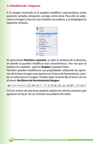 7.3 Modificando imágenes

A la imagen insertada se le pueden modificar características como
posición, tamaño, alineación, anclaje, entre otras. Para ello se selec-
ciona la imagen y haz clic con el botón secundario, y se desplegará la
siguiente ventana.




Al seleccionar Posición y tamaño, se abre la ventana de la derecha,
en donde se pueden modificar esas características. Una vez que se
realizan los cambios, oprime Aceptar y quedan listos.
También pueden modificarse sus propiedades utilizando las opcio-
nes de la barra imagen que aparece en la barra de herramienta, cuan-
do se selecciona la imagen. Puedes dejar la barra fija al hacer clic en
el menú Ver/Barra de herramientas/Imagen.


Con los iconos de esta barra podrán realizar las mismas acciones que
aparecen al hacer clic en el botón secundario del ratón.




              Módulo IV: Calculando y graficando datos con la hoja de cálculo - PNAT
 