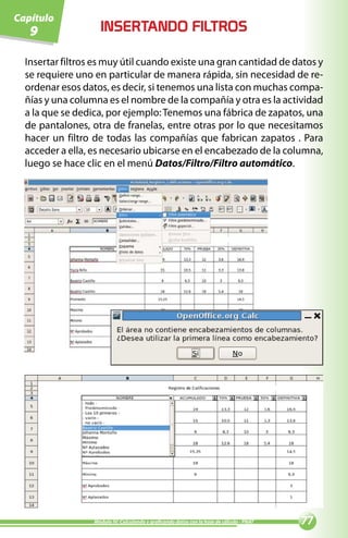 Capítulo
   9                INSERTANDO FILTROS

  Insertar filtros es muy útil cuando existe una gran cantidad de datos y
  se requiere uno en particular de manera rápida, sin necesidad de re-
  ordenar esos datos, es decir, si tenemos una lista con muchas compa-
  ñías y una columna es el nombre de la compañía y otra es la actividad
  a la que se dedica, por ejemplo: Tenemos una fábrica de zapatos, una
  de pantalones, otra de franelas, entre otras por lo que necesitamos
  hacer un filtro de todas las compañías que fabrican zapatos . Para
  acceder a ella, es necesario ubicarse en el encabezado de la columna,
  luego se hace clic en el menú Datos/Filtro/Filtro automático.




                  Módulo IV: Calculando y graficando datos con la hoja de cálculo - PNAT   
 