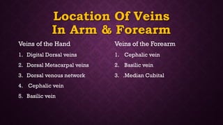 Location Of Veins
In Arm & Forearm
Veins of the Hand
1. Digital Dorsal veins
2. Dorsal Metacarpal veins
3. Dorsal venous network
4. Cephalic vein
5. Basilic vein
Veins of the Forearm
1. Cephalic vein
2. Basilic vein
3. .Median Cubital
 