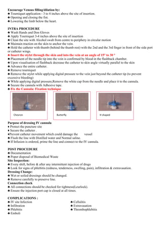 Encourage Venous filling/dilation by:
♣ Tourniquet application - 3 to 4 inches above the site of insertion.
♣ Opening and closing the fist.
♣ Lowering the limb below the heart.
INTRA PROCEDURE
♣ Wash Hands and Don Gloves
♣ Apply Tourniquet 3-4 inches above the site of insertion
♣ Clean the site with Alcohol swab from centre to periphery in circular motion
♣ Maintain traction on the skin to anchor the vein.
♣ Hold the catheter with thumb (behind the thumb rest) with the 2nd and the 3rd finger in front of the side port
or catheter wings.
♣ Insert the stylet through the skin and into the vein at an angle of 15° to 30 °
♣ Placement of the needle tip into the vein is confirmed by blood in the flashback chamber.
♣ Upon visualisation of flashback decrease the catheter to skin angle virtually parallel to the skin
♣ Advance the entire catheter.
♣ Remove tourniquet
♣ Remove the stylet while applying digital pressure to the vein just beyond the catheter tip (to prevent
excessive bleeding)
♣ While applying digital pressure,Remove the white cap from the needle and place it to the cannula.
♣ Secure the cannula with Adhesive tape.
♣ Fix the Cannula: Fixation technique
Purpose of dressing IV cannula
♦ Protect the puncture site
♦ Secure the catheter .
♦Prevent catheter movement which could damage the vessel
♣ Flush the line with Distilled water and Normal saline.
♣ If Infusion is ordered, prime the line and connect to the IV cannula.
POST PROCEDURE
♣ Documentation
♣ Poper disposal of Biomedical Waste
Site Inspection:
♣ Every shift, before & after any intermittent injection of drugs
♣ Look for signs of phlebitis (redness, tenderness, swelling, pain), infiltration & extravasation.
Dressing Change:
♣ Wet or soiled dressings should be changed.
♣ Remove carefully to preserve line.
Connection check
♣ All connections should be checked for tightness(Leurlock).
♣ Ensure the injection port cap is closed at all times.
COMPLICATIONS :
♣ IV site Infection ♣ Cellulitis
♣ Infiltration ♣ Extravasation
♣ Phlebitis ♣ Thrombophlebitis
♣ Emboli
Chevron Butterfly H shaped
 