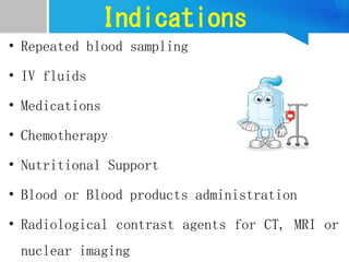 Indications
• Repeated blood sampling
• IV fluids
• Medications
• Chemotherapy
• Nutritional Support
• Blood or Blood products administration
• Radiological contrast agents for CT, MRI or
nuclear imaging
 