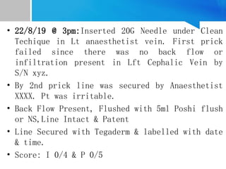 • 22/8/19 @ 3pm:Inserted 20G Needle under Clean
Techique in Lt anaesthetist vein. First prick
failed since there was no back flow or
infiltration present in Lft Cephalic Vein by
S/N xyz.
• By 2nd prick line was secured by Anaesthetist
XXXX. Pt was irritable.
• Back Flow Present, Flushed with 5ml Poshi flush
or NS,Line Intact & Patent
• Line Secured with Tegaderm & labelled with date
& time.
• Score: I 0/4 & P 0/5
 