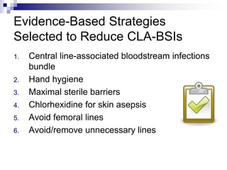 Evidence-Based Strategies
Selected to Reduce CLA-BSIs
1. Central line-associated bloodstream infections
bundle
2. Hand hygiene
3. Maximal sterile barriers
4. Chlorhexidine for skin asepsis
5. Avoid femoral lines
6. Avoid/remove unnecessary lines
 