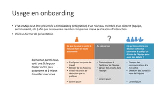 Usage en onboarding
• L’IVCD Map peut être présentée à l’onboarding (intégration) d’un nouveau membre d’un collectif (équipe,
communauté, etc.) afin que ce nouveau membre comprenne mieux ses besoins d’interaction.
• Voici un format de présentation
Ce que tu peux te sentir à
l’aise de faire en toute
autonomie
Au cas par cas Ce qui nécessitera une
décision collective
(demande à quelqu’un
d’autre de l’équipe pour
avoir des détails !)
• Configurer ton poste de
travail
• Décider de tes horaires
• Choisir les outils de
rédaction que tu
préfères
• Lorem Ipsum
• Communiquer à
l’extérieur de l’équipe
• Lancer des projets dans
l’équipe
• Lorem Ipsum
• Envoyer des
communications à la
hiérarchie
• Effectuer des achats au
nom de l’équipe
• Lorem Ipsum
Bienvenue parmi nous,
voici une fiche pour
t’aider à être plus
autonome et à mieux
travailler avec nous
 