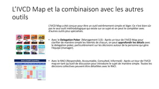 L’IVCD Map et la combinaison avec les autres
outils
L’IVCD Map a été conçue pour être un outil extrêmement simple et léger. Ce n’est bien sûr
pas le seul outil méthodologique qui existe sur ce sujet et on peut le compléter avec
d’autres outils plus spécialisés.
• Avec le Delegation Poker (Management 3.0) : Après un tour de l’IVCD Map pour
clarifier de manière simple les libertés de chacun, on peut approfondir les détails avec
le delegation poker, particulièrement sur les décisions autour de la personne qui gère
l’équipe (manager).
• Avec le RACI (Responsible, Accountable, Consulted, Informed) : Après un tour de l’IVCD
map en tant qu’outil de discussion pour introduire le sujet de manière simple. Toutes les
décisions collectives peuvent être détaillées avec le RACI.
 