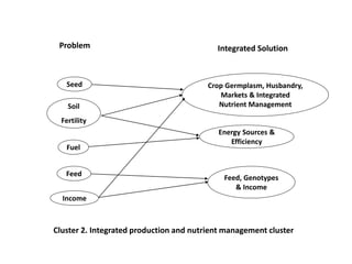 Problem Integrated Solution 
Seed Crop Germplasm, Husbandry, 
Soil 
Fertility 
Fuel 
Feed 
Markets & Integrated 
Nutrient Management 
Energy Sources & 
Efficiency 
Income 
Feed, Genotypes 
& Income 
Cluster 2. Integrated production and nutrient management cluster 
 
