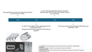 1940s
Anticoagulation has been the preferred treatment
for VTE since the 1940s.1
1967
In 1967, Dr. Kazi Mobin-Uddin developed the first
endovascular IVCF.2
(Migration &Thrombosis) significant IVC pressure
gradient
1973
In 1973, the Greenfield filter (Boston Scientific,
Marlborough, MA), This filter was initially inserted
via a venotomy.
1984
The first percutaneously placed Greenfield filter was
reported in 1984.3
1- Cundiff DK et.al. Anticoagulation therapy for venous thromboembolism. MedGenMed
2004;6(03):5
3- Tadavarthy SM, et al. Kimray-Greenfield vena cava filter: percutaneous introduction. Radiology
1984;151(02):525–526
2- Kinney TB. Update on inferior vena cava filters. J Vasc Interv Radiol
2003;14(04):425–440
 