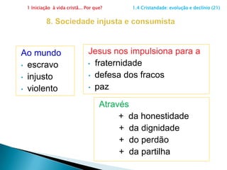 1 Iniciação  à vida cristã... Por que?                      1.4 Cristandade: evolução e declínio (20)6. Pragmatismo da vida da igrejaPragmatismo é a corrente de pensamento que dá valor a alguma coisa  na medida em que tenha alguma utilidade prática.Entretanto, tudo o que traz utilidade imediata para a pessoa deve ser aceito como válido ou normal?   Sim  (   )        Não (   )xÉ disso que fala o Documento de Aparecida, citando o cardeal Ratzinger: "Nossa maior ameaça é omedíocre pragmatismo da vida cotidiana da Igreja, no qual, aparentemente, tudo procede com normalidade, mas na verdade a fé vai se desgastando e degenerando em mesquinhez". (DAp, n. 12). 