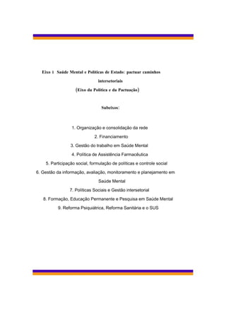 Eixo 1 Saúde Mental e Políticas de Estado: pactuar caminhos

                               intersetoriais

                   (Eixo da Política e da Pactuação)



                                 Subeixos:



                 1. Organização e consolidação da rede

                              2. Financiamento

                 3. Gestão do trabalho em Saúde Mental

                 4. Política de Assistência Farmacêutica

    5. Participação social, formulação de políticas e controle social

6. Gestão da informação, avaliação, monitoramento e planejamento em

                                Saúde Mental

                7. Políticas Sociais e Gestão intersetorial

   8. Formação, Educação Permanente e Pesquisa em Saúde Mental

          9. Reforma Psiquiátrica, Reforma Sanitária e o SUS
 