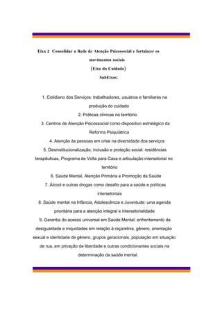 Eixo 2 Consolidar a Rede de Atenção Psicossocial e fortalecer os

                             movimentos sociais

                              (Eixo do Cuidado)

                                   SubEixos:



    1. Cotidiano dos Serviços: trabalhadores, usuários e familiares na

                             produção do cuidado

                       2. Práticas clínicas no território

    3. Centros de Atenção Psicossocial como dispositivo estratégico da

                             Reforma Psiquiátrica

        4. Atenção às pessoas em crise na diversidade dos serviços

     5. Desinstitucionalização, inclusão e proteção social: residências

 terapêuticas, Programa de Volta para Casa e articulação intersetorial no

                                    território

         6. Saúde Mental, Atenção Primária e Promoção da Saúde

      7. Álcool e outras drogas como desafio para a saúde e políticas

                                  intersetoriais

  8. Saúde mental na Infância, Adolescência e Juventude: uma agenda

          prioritária para a atenção integral e intersetorialidade

   9. Garantia do acesso universal em Saúde Mental: enfrentamento da

 desigualdade e iniquidades em relação à raça/etnia, gênero, orientação

sexual e identidade de gênero, grupos geracionais, população em situação

   de rua, em privação de liberdade e outras condicionantes sociais na

                       determinação da saúde mental.
 