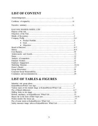 5
LIST OF CONTENT
Acknowledgement……………………………………………………………….ii
Certificate of originality………………………………………………….………iii
Executive summary………………………………………………………….…...iv
KALYANI MAXION WHEEL LTD
Purpose of the visit……………………………………….…………….……….…1
Objectives of the Visit……………………………………….……….…………....1
Details of the journey…………………………………………….…..…………….2
Company Profile………………………………………………………..……….....3-4
 Product Portfolio…………………………………………………...5
 Goal………………………………………………………………...5
 Objectives…………………………………………………………..5
Board of Directors………………………………………………………………….6-7
History……………………………………………………………………...............8-9
Core Business………………………………………………………………………10
Achievements and Awards…………………………………………………............11
Status……………………………………………………………………………….12
Analysis of competitors…………………………………………………………….12
Financial Position…………………………………………………………………..13
Employee Engagement……………………………………………………………..13
Marketing Structure……………………………………………………...…………14-16
Porter’s Model……………………………………………………………………...17
Group Observation…………………………………………………………………18
Corporate Social Responsibility……………………………………………………19
Conclusion and recommendations………………………………………………….20
LIST OF TABLES & FIGURES
Industrial visit group photo…………………………………………………………2
KalyaniMaxionWheel Ltd. logo…………………………………………………..3
Various types of rim models image at KalyaniMaxionWheel Ltd………………..5
Pics of Board ofdirectors…………………………………………………………..6-7
Drilling holes in rim image…………………………………………………………10
Robotic machinery at KalyaniMaxion Wheel Ltd…………………………………13
Buyers list in the form of their logos pics…………………………………………..14-16
Porters models five forces pic………………………………………………………17
Pics of some stocks at KalyaniMaxion Wheel Ltd………………………………...18
Safety measures image taken at KalyaniMaxion Wheel Ltd………………………19
 