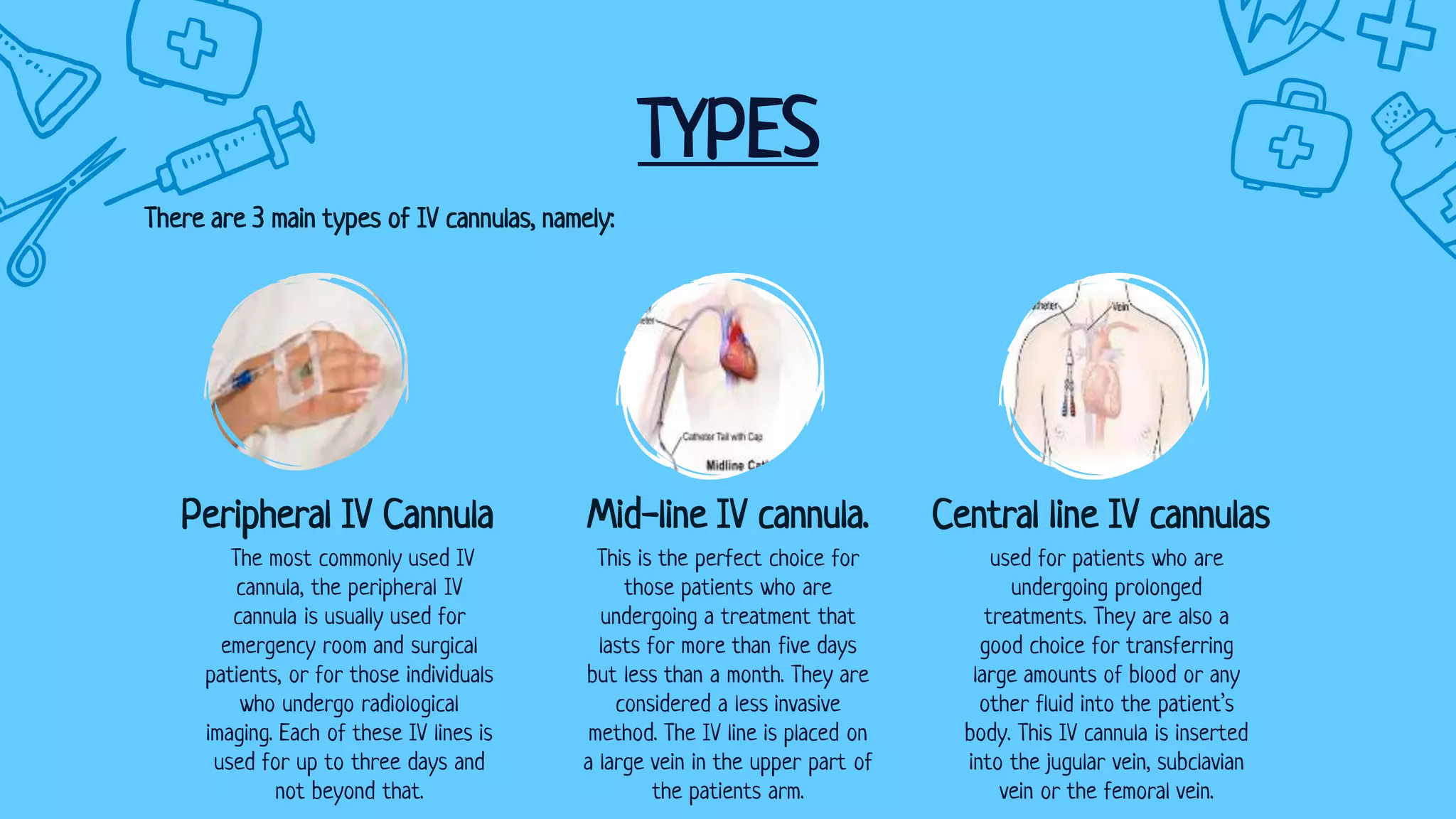 TYPES
The most commonly used IV
cannula, the peripheral IV
cannula is usually used for
emergency room and surgical
patients, or for those individuals
who undergo radiological
imaging. Each of these IV lines is
used for up to three days and
not beyond that.
Peripheral IV Cannula
used for patients who are
undergoing prolonged
treatments. They are also a
good choice for transferring
large amounts of blood or any
other fluid into the patient’s
body. This IV cannula is inserted
into the jugular vein, subclavian
vein or the femoral vein.
Central line IV cannulas
This is the perfect choice for
those patients who are
undergoing a treatment that
lasts for more than five days
but less than a month. They are
considered a less invasive
method. The IV line is placed on
a large vein in the upper part of
the patients arm.
Mid-line IV cannula.
There are 3 main types of IV cannulas, namely:
 