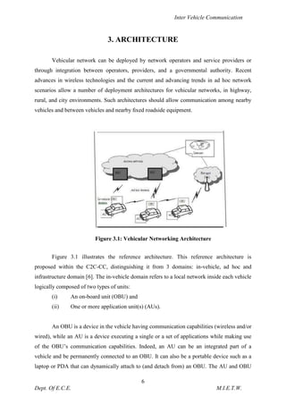 Inter Vehicle Communication
6
Dept. Of E.C.E. M.I.E.T.W.
3. ARCHITECTURE
Vehicular network can be deployed by network oper...