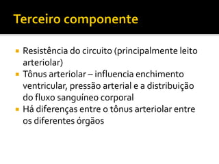    Resistência do circuito (principalmente leito
    arteriolar)
   Tônus arteriolar – influencia enchimento
    ventricular, pressão arterial e a distribuição
    do fluxo sanguíneo corporal
   Há diferenças entre o tônus arteriolar entre
    os diferentes órgãos
 